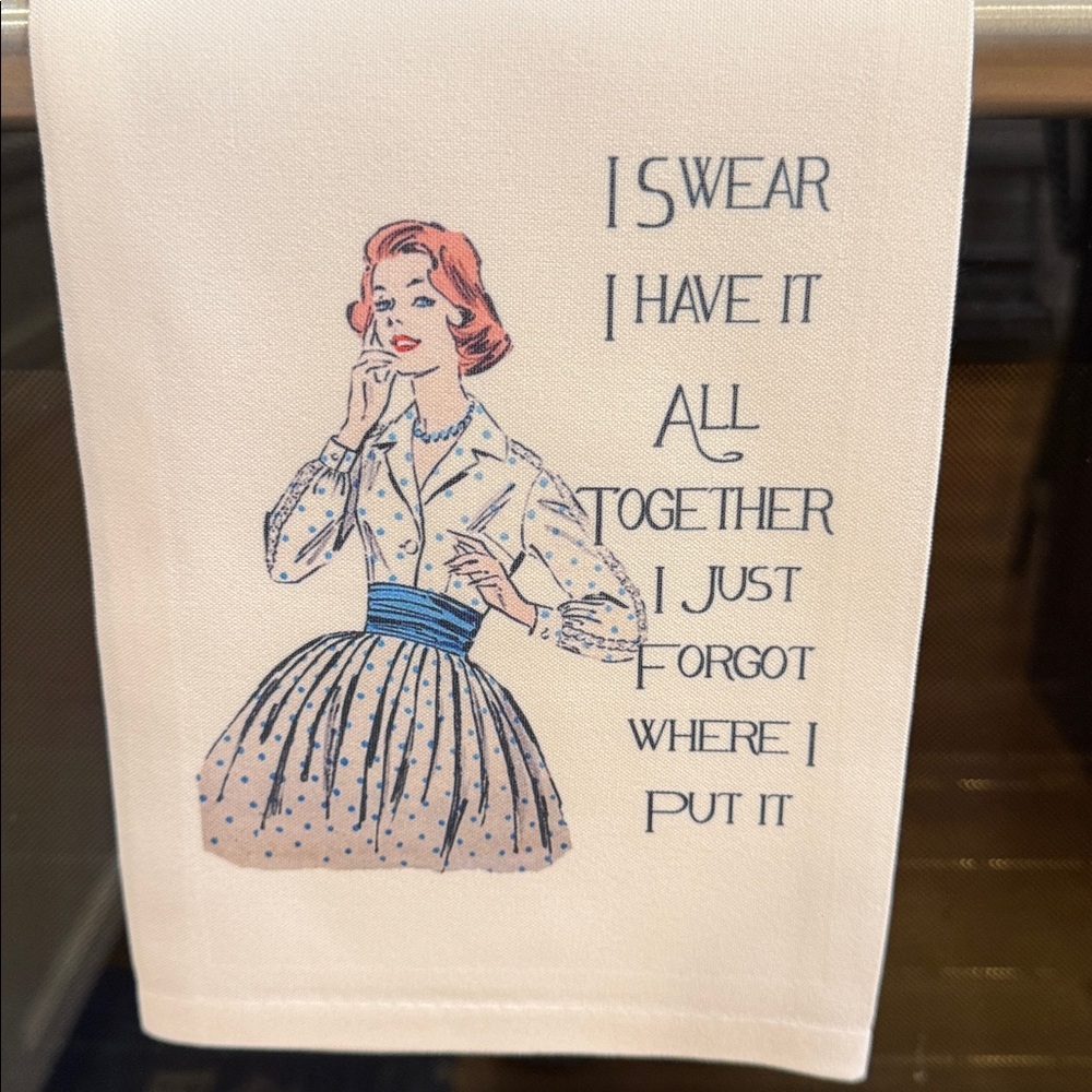 Funny Retro lady White Kitchen Towel with Blue Accents - Picture 3 of 6
